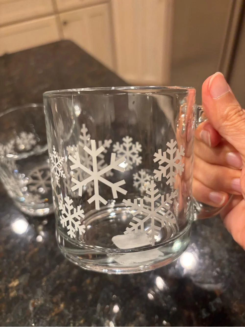 Crate & Barrel Set of 3 Snowflake White and Clear Glass Mugs. Made In USA New!